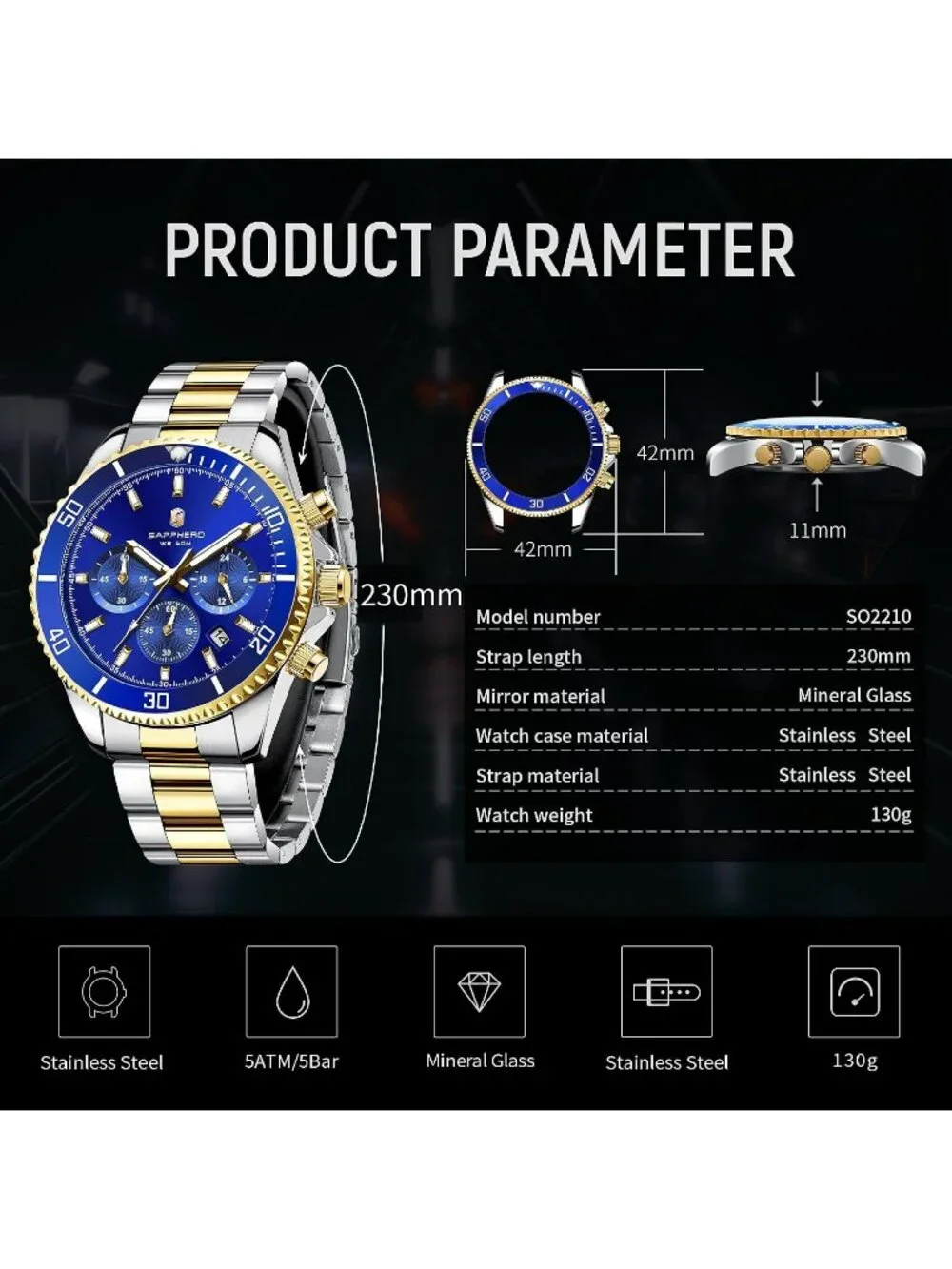 Men's Gold and Blue Chronograph Stainless Steel Waterproof Quartz Wrist Watch